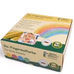 Eine Schachtel Bio-Fingermalfarbe von Grünspecht Naturprodukte zeigt bunte Fingerfarbenstreifen ein lächelndes Kind mit bemalten Händen und deutsche Produktangaben auf meist gelb-grüner Verpackung.