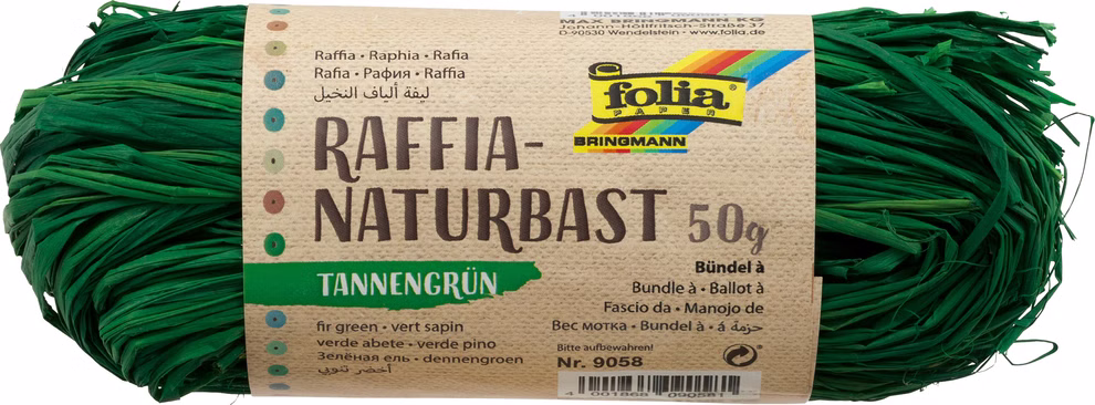 Folia Raffia-Naturbast 50g 1 Bündel_19110 tannengrün Eine Nahaufnahme einer Folia Raffia-Naturbast-Verpackung 50g-Bündel. tannengrün