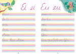 Lautgetreues Lesebuch Schreibschriftschreiben mit Salome Band 1 und 2_19203 Schreibschriftschreiben mit Salome Band 1 und 2 von Lautgetreues Lesebuch bietet pastellgestreifte Seiten zum Üben der deutschen Schreibschrift in Ei und Eu verziert mit Vögeln einem Ei und einer Eule.