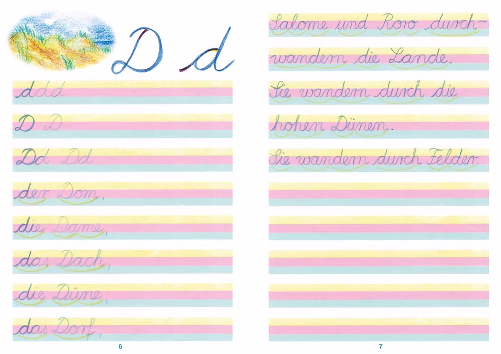 Lautgetreues Lesebuch Schreibschriftschreiben mit Salome Band 1 und 2_19207 Das "Schreibschriftschreiben mit Salome Band 1 und 2" von Lautgetreues Lesebuch bietet Schreibübungsseiten mit Schreibschrift und Druckbuchstaben D deutschen Beispielwörtern und -sätzen pastellfarbenen Linien und einer Wiesenillustration.