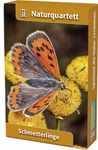 Quelle & Meyer Verlag Naturquartett Schmetterlinge _19661 Das Kartenspiel Naturquartett Schmetterlinge aus dem Quelle & Meyer Verlag kommt in einer Schachtel die einen orange-schwarzen Schmetterling auf gelben Blüten zeigt mit goldenen Rändern und weißem Text.