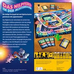 Das Ravensburger Nilpferd in der Achterbahn Gesellschaftsspiel kommt in einer farbenfrohen Schachtel mit Cartoon-Nilpferden auf einer Achterbahn daher und enthält einen bunten Spielplan Karten und Plättchen. Der deutsche Text auf der linken Seite gibt Ausk