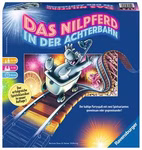 Das Ravensburger Nilpferd in der Achterbahn Gesellschaftsspiel zeigt eine farbenfrohe Box mit einem fröhlichen Nilpferd auf einer Achterbahn und einem Feuerwerk im Hintergrund das eine spielerische und lebendige Atmosphäre einfängt.