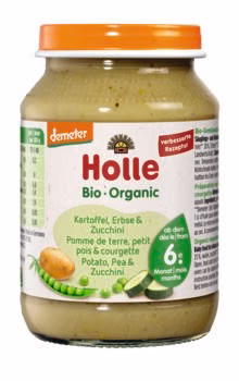 Tarros de patatas Holle Demeter con guisantes y calabacines