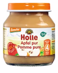 Ein Glas mit Holle Apfel pur ab dem 5. Monat Bio-Apfelpüree Babynahrung mit rot-orangem Deckel. Auf dem Etikett befinden sich Abbildungen von Äpfeln der Markenname Holle und ein deutsch/französischer Text der die Eignung ab 5 Monaten angibt.