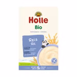 Eine Schachtel Holle Bio Vollkorngetreidebrei Reis ab dem 5. Monat für Babys ab 5 Monaten mit einer Schale Brei Weizenhalmen und einem Panda auf der Vorderseite. Der Text ist auf Deutsch und Französisch.