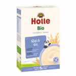 Holle Bio Vollkorngetreidebrei Reis ab dem 5. Monat ist ein biologisches glutenfreies Reisgetreide für Babys ab 5 Monaten. Die Verpackung zeigt einen Panda eine Reisschale und Weizen auf weißem und hellblauem Hintergrund.