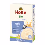 Eine Schachtel mit Holle Bio Vollkorngetreidebrei Reis ab dem 5. Monat mit einem Zeichentrick-Panda Weizengrafiken und Nährwertangaben in Deutsch und Französisch auf der Verpackung.