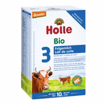 Holle Bio-Folgemilch 3 ab dem 10. Monat_21166 Eine Schachtel Holle Bio-Folgemilch 3 ab dem 10. Monat mit einem Kuhbild Demeter-Bio-Zertifizierung und deutschem und französischem Text auf weißem und blauem Hintergrund.