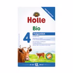 Holle Bio-Folgemilch 4 ab dem 12. Monat_21156 Holle Bio-Folgemilch 4 ab dem 12. Monat. Die Box zeigt eine Kuh grünes Gras und ein blau-weißes Design mit deutschem Text der Vitamine und Nährstoffe für Babys ab 12 Monaten hervorhebt.