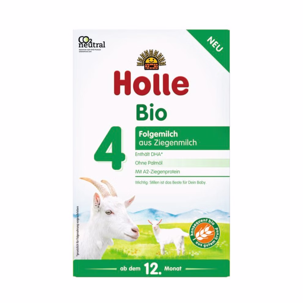 Holle Bio-Folgemilch 4 aus Ziegenmilch ab dem 12. Monat_21186 Vorderseite einer Holle Bio-Folgemilch 4 Schachtel grün-weißes Design mit einer Ziege zeigt die Bio-Folgemilch aus Ziegenmilch für Babys ab 12 Monaten.