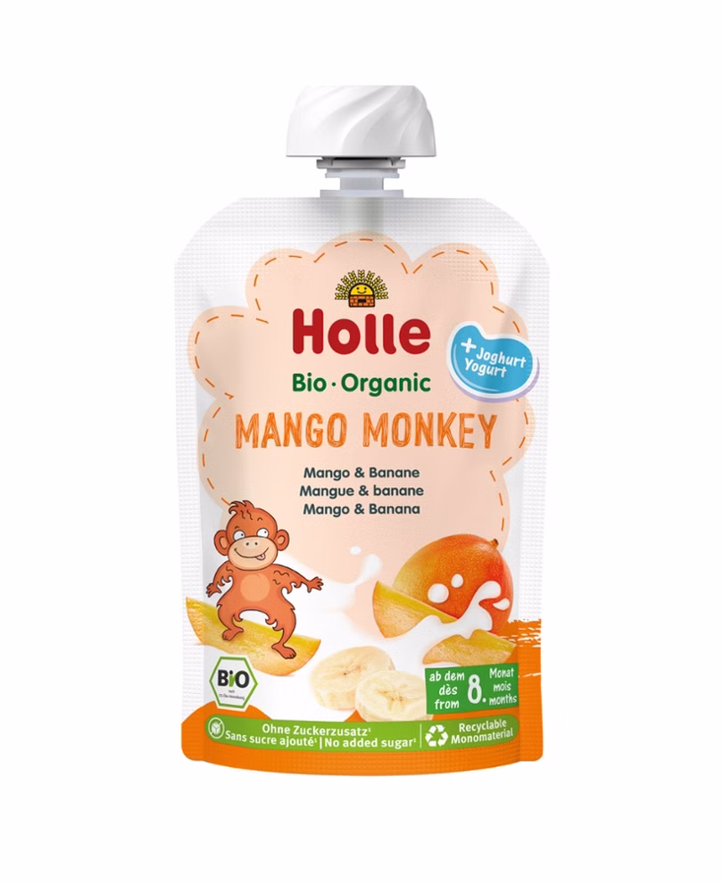 Holle Mango Monkey - Pouchy Mango mit Joghurt ab dem 8. Monat_21281 Holle Mango Monkey - Pouchy Mango mit Joghurt ab dem 8. Monat Beutel mit dem Bio-Siegel drauf.