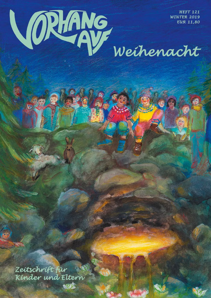 Waldow Verlag VORHANG AUF Heft 121 Weihenacht Zeitschrift für Kinder und Eltern_20811 Das VORHANG AUF Heft 121 Weihenacht Zeitschrift für Kinder und Eltern aus dem Waldow Verlag zeigt auf dem farbenfroh illustrierten Cover Kinder und Erwachsene die sich in einem festlichen nächtlichen Wald um ein glühendes Feuer versammeln.