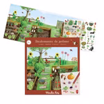 Illustration einer Gartenszene mit beschrifteten Gemüsebeeten Blumen Werkzeugen und Insekten. Enthält Aufkleberblätter mit Gartenbildern und trägt den Titel Rubbelbilder Der Gärtner von Moulin Roty.