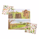 Rubbelbilder Der Gärtner von Moulin Roty enthält zwei illustrierte Gartentafeln mit leeren Feldern und zwei Stickerbögen mit Tieren Pflanzen Werkzeugen und anderen Gegenständen mit denen die Kinder den Garten dekorieren können.