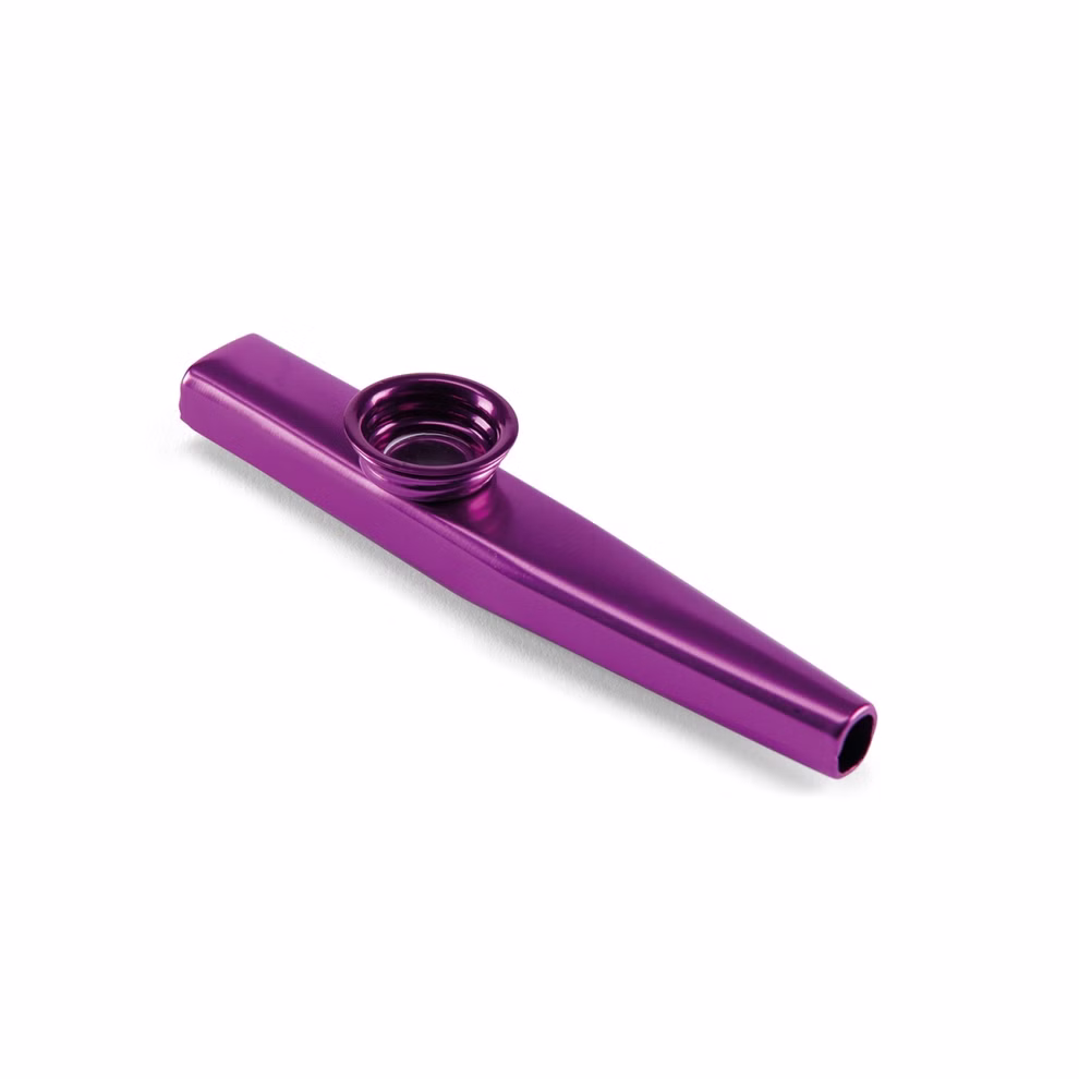 Moulin Roty Instrument Kazoo _20937 Das Instrument Kazoo von Moulin Roty mit lilafarbenem Metallic-Finish und runder Öffnung auf der Oberseite ist auf weißem Hintergrund abgebildet.