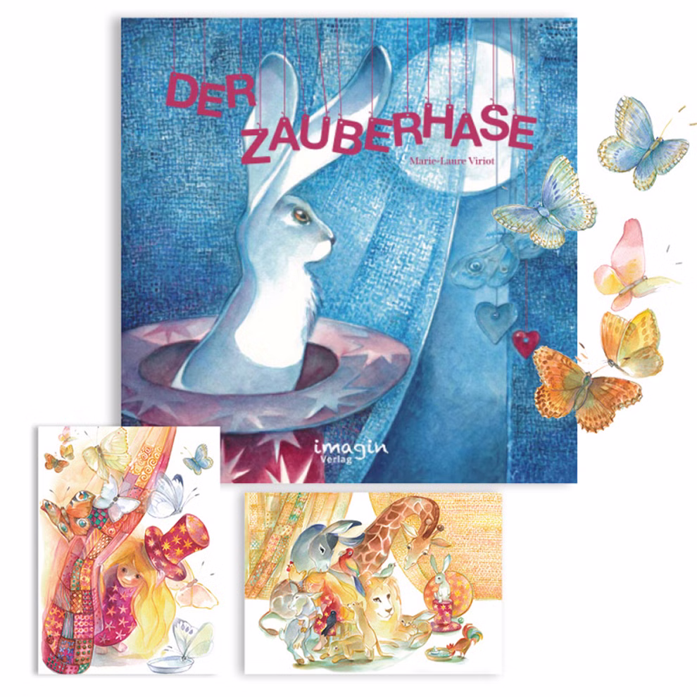 imagin Der Zauberhase Marie Laure Viriot _21057 Das blau getönte Cover von "Der Zauberhase" von Marie Laure Viriot (imagin) zeigt ein weißes Kaninchen mit einem Hut und Schmetterlingen. Darunter befinden sich zwei bunte Illustrationen mit Tieren und Kindern.
