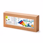 Eine rechteckige braune Schachtel mit der Aufschrift "Wasser- und Murmelstraße 5 Spuren" von ERZI auf der eine bunte gewellte Murmel- und Wasserrennbahn mit Murmeln abgebildet ist; die Verpackung enthält Warnhinweise und Produktinformation.