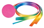 Der moses. Verlag Bunter Flatterflummi zeigt einen rosafarbenen Ball der an einem langen bunten Regenbogenband befestigt ist das auf einem weißen Hintergrund aufgewickelt ist.