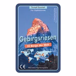 Die Karte Quartett Gebirgsriesen 32 Berge der Welt von Wendelins Kartenspiele zeigt das Matterhorn mit einer Weltkarte auf der 32 Berge markiert sind. Die deutsche Karte zeigt Verlags- und CE-Informationen.