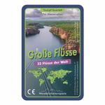 Die Karte Quartett Große Flüsse 32 Flüsse der Welt zeigt eine Flusslandschaft eine Weltkarte und das Logo von Wendelins Kartenspiele am unteren Rand mit deutschem Text und Kontaktinformationen auf der rechten Seite.