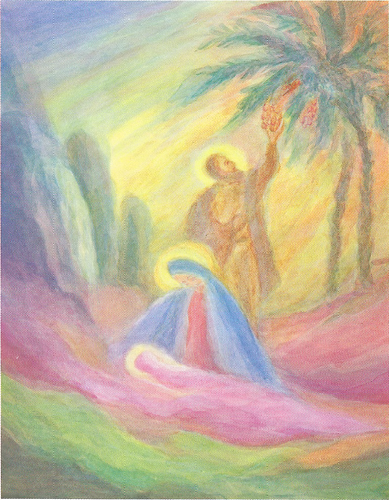 Margarethe Hauschka-Schule Postkarte Flucht nach Ägypten Margarete Hauschka_22780 Die "Postkarte Flucht nach Ägypten Margarete Hauschka" von der Margarethe Hauschka-Schule zeigt eine pastellfarbene Szene mit einer sitzenden Frau mit Kind beide mit Heiligenschein und einer Figur die sich unter einem leuchtenden Himmel zu einer Palme aufr