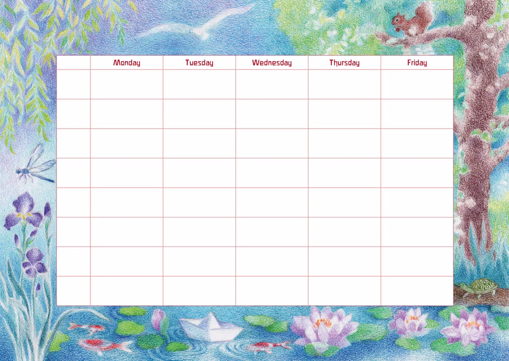 Waldorfkind waldorfkind Timetable Ella Lapointe _23256 Der Waldorfkind Stundenplan Ella Lapointe von Waldorfkind ist ein farbenfroher Wochenplaner mit Illustrationen aus der Natur - Bäume Blumen eine Libelle Fische ein Papierschiffchen auf dem Wasser und eine Schildkröte - sowie Spalten für die Wochentage und