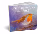 Oberste Brink Mein kleines Buch der Vögel Loes Botman_23363 Das Pappbilderbuch "Mein kleines Buch der Vögel" von Loes Botman zeigt ein illustriertes Rotkehlchen mit orangefarbener Brust auf lila-blauem Hintergrund.