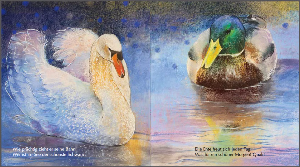 Oberste Brink Mein kleines Buch der Vögel Loes Botman_23365 Eine Illustration aus "Mein kleines Buch der Vögel" von Loes Botman (Oberste Brink) zeigt links einen weißen Schwan und rechts eine bunte Stockente die sich im Wasser spiegeln mit deutschem Text unter jeder Seite.