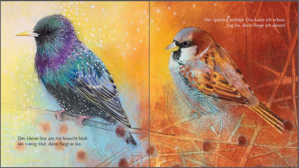 Oberste Brink Mein kleines Buch der Vögel Loes Botman_23366 Eine lebhafte Illustration aus "Mein kleines Buch der Vögel" von Loes Botman (Oberste Brink) zeigt einen Star und einen Spatz auf Ästen mit einem deutschen Text der ihre Handlungen beschreibt vor einem warmen orange-gelben Hintergrund.