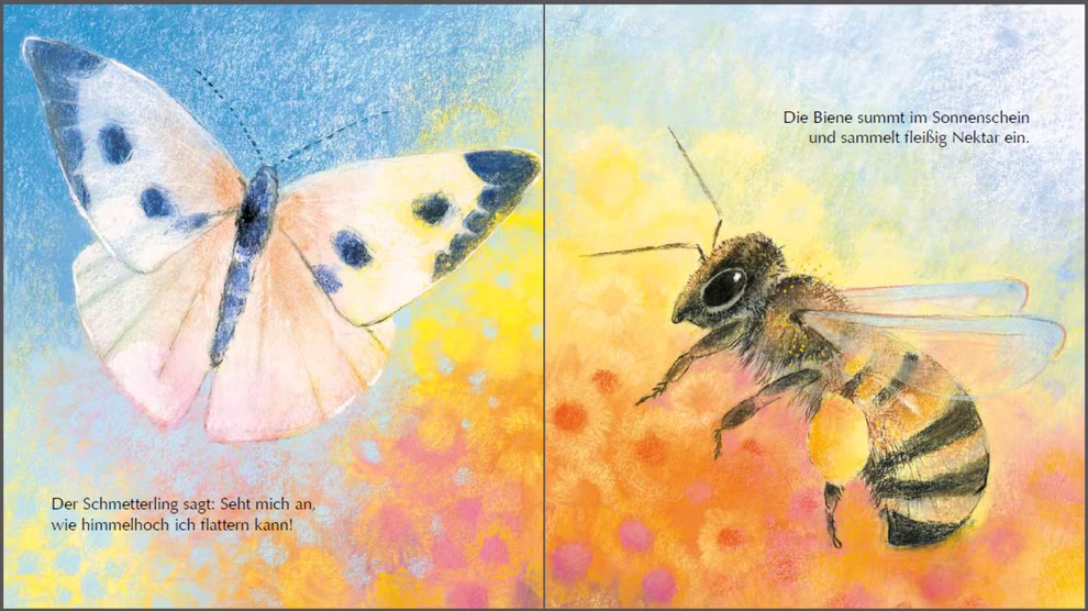 Oberste Brink Mein kleines Insektenbuch Loes Botman_23370 Eine Illustration aus "Mein kleines Insektenbuch Loes Botman" von Oberste Brink zeigt links einen pastellblauen und orangefarbenen Schmetterling rechts eine Biene die Nektar sammelt vor einem gelb-blauen Hintergrund mit deutschem Text.