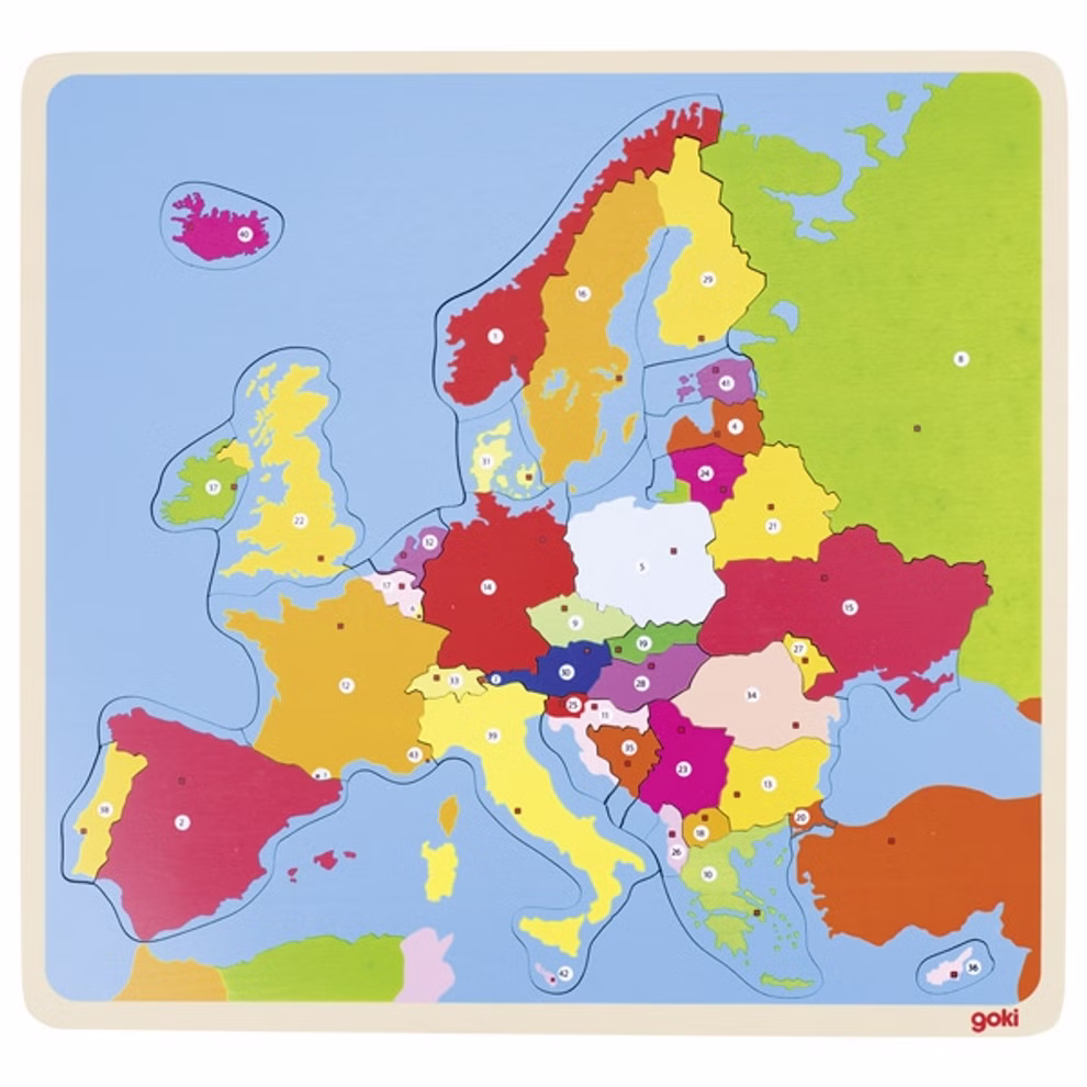 Goki Puzzle Europa _23563 Das Goki Puzzle Europa zeigt eine bunte Europakarte mit verschiedenfarbigen Punkten.