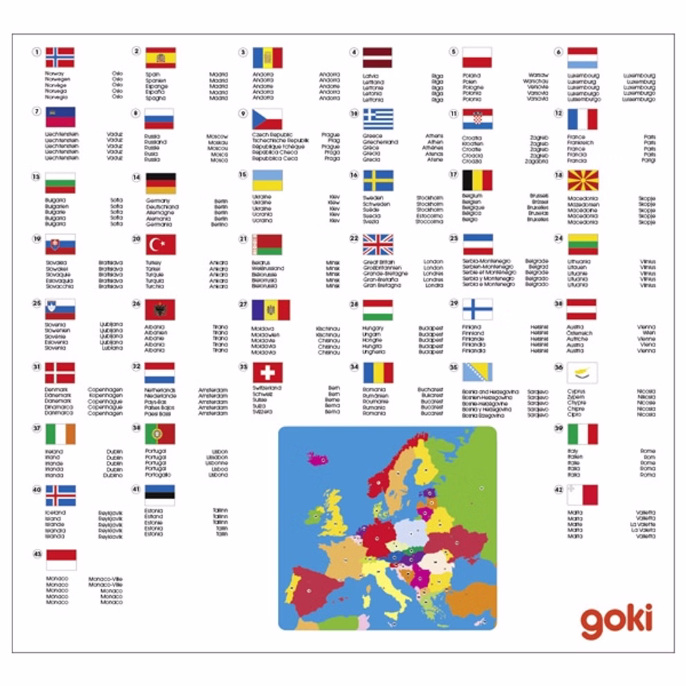Goki Puzzle Europa _23564 Puzzle Europa von Goki ist eine Puzzlekarte von Europa die Länder und Regionen mit ihren Flaggen zeigt.