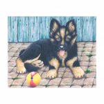 Eine Illustration aus dem Würfelpuzzle Bauernhoftiere von Goki zeigt einen Welpen der mit einem Ball auf Ziegelsteinen ruht.
