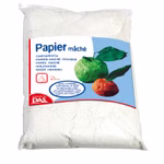 DAS DAS Pappmaché 1.000 g _23908 Ein 1 kg-Sack DAS Pappmaché von DAS trägt ein Etikett mit grünen und orangefarbenen Papierkugeln grünen Blättern und einem mehrsprachigen Text zur Beschreibung des Produkts.