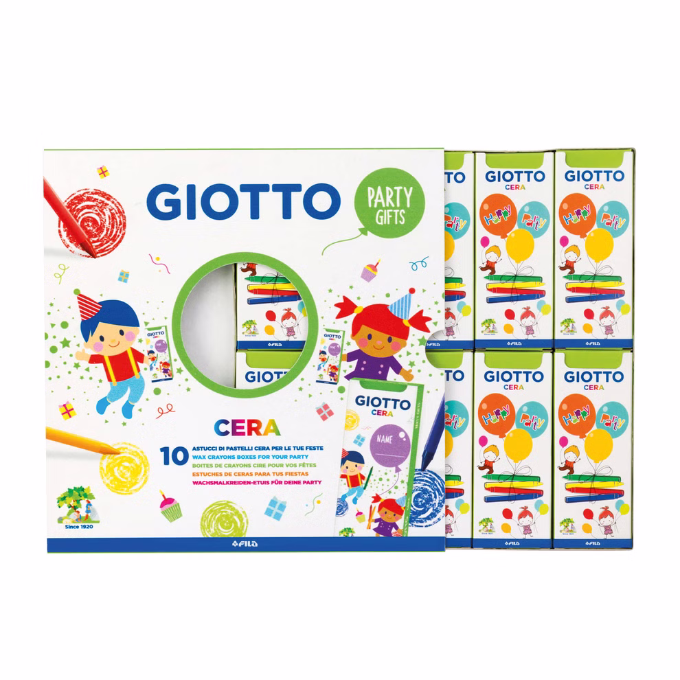 Giotto Party Set 10x Wachsmalkreide a 4 Stifte_23912 Das Giotto-Party-Set enthält 10 Packungen Wachsmalkreide mit je 4 Stiften in einer farbenfrohen Schachtel mit verspielten Illustrationen zum Thema Party.