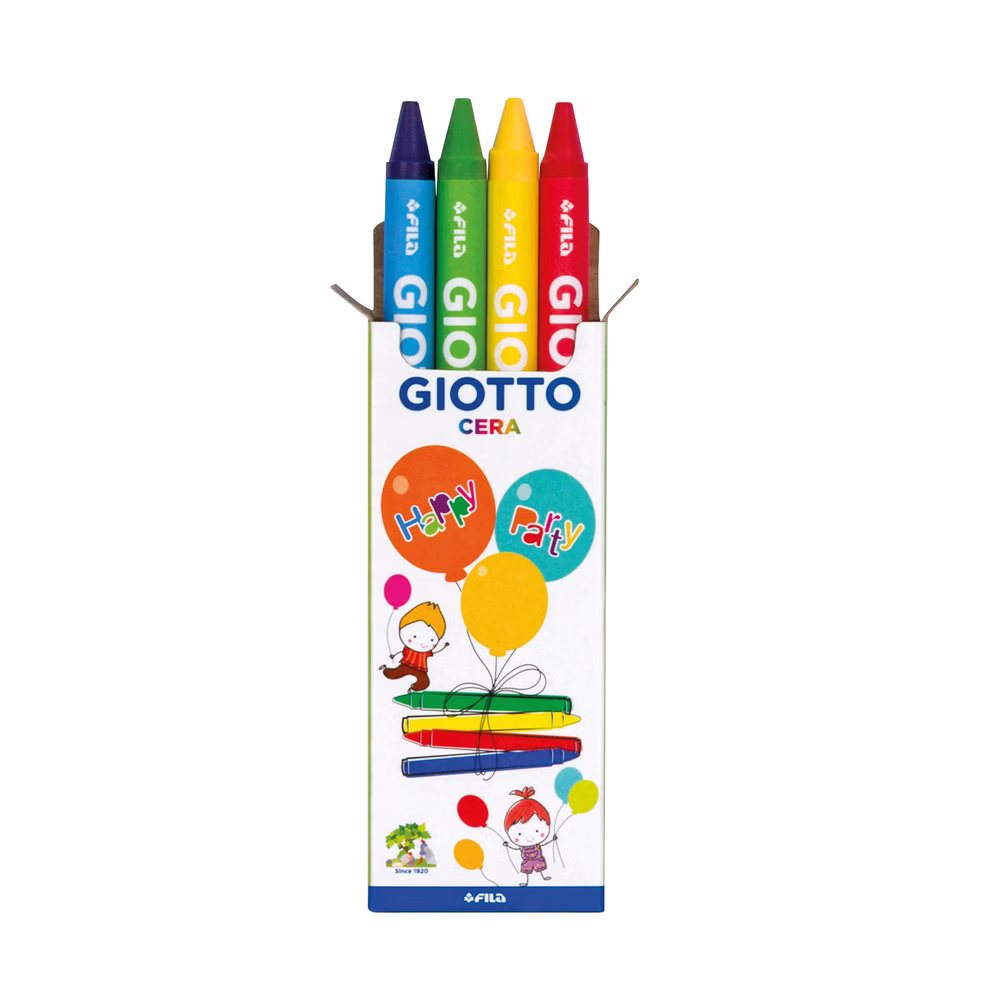 Giotto Party Set 10x Wachsmalkreide a 4 Stifte_23911 Eine Schachtel Giotto Party Set Buntstifte mit 10 Packungen mit je 4 Wachsmalstiften (blau grün gelb rot). Die Schachtel zeigt bunte Luftballons Partydekorationen und Cartoon-Kinder.