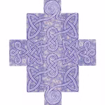 Die Sonnenblaue Wandelwinde - Spiel Hahn zeigt ein blau-weißes keltisches Knotenkreuz mit Spiralen Schlaufen und Zöpfen in einem symmetrischen Design auf einem strukturierten Hintergrund.