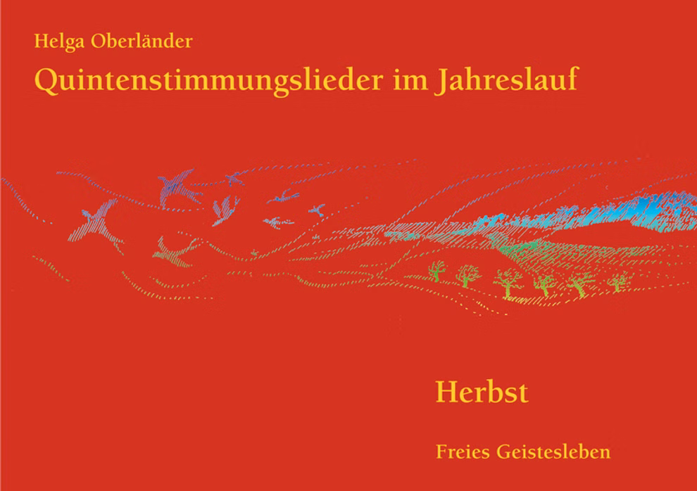 Freies Geistesleben Quintenstimmungslieder Herbst Helga Oberländer_21370 Ein roter Hintergrund mit Text und Vögeln präsentiert das Quintenstimmungslied Herbst von Helga Oberländer von Freies Geistesleben.