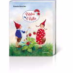 Urachhaus Pippa & Pelle Daniela Drescher _432 Das Buchcover von Pippa & Pelle Daniela Drescher von Urachhaus zeigt zwei zwergenhafte Kinder mit roten Hüten auf einer Wiese die Erdbeeren in der Hand halten vor einem sanft aquarellierten Himmel.