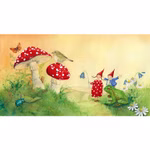 Urachhaus Pippa & Pelle Daniela Drescher _433 In einer skurrilen farbenfrohen Waldszene stehen Pippa & Pelle von Daniela Drescher (Urachhaus) mit roten Hüten neben großen Pilzen mit Frosch Vogel Schmetterling Käfer und Blumen.