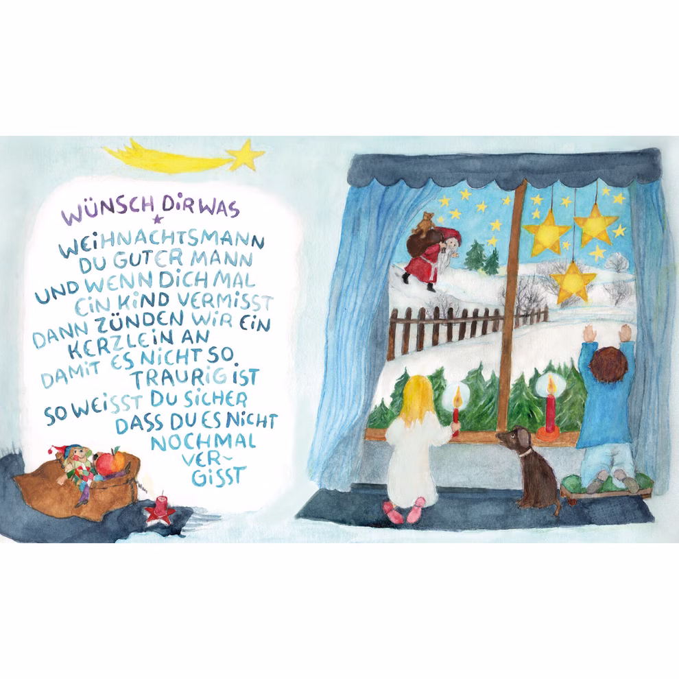 Buch und CD: Alles wird weiß Kinder blicken aus dem Fenster auf Schnee den Schlitten des Weihnachtsmanns einen Hund und einen Teddybär. "Alles wird weiß" von Eva-Maria Ott-Heidmann (Buch und CD Pänz Verlag) zeigt festliche deutsche Wünsche mit Sternen Kerzen und Weihnachtsdekoration.