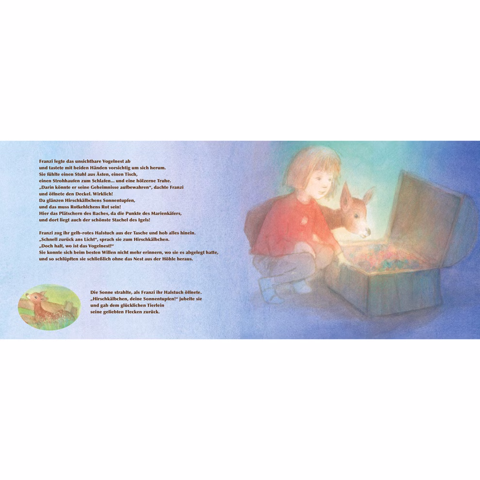 Waldow Verlag Das Hirschkälbchen und der Grimpf Eckehard Waldow Wilfried Strüning_632 Eine Seite aus "Das Hirschkälbchen und der Grimpf" von Eckehard Waldow und Wilfried Strüning (Waldow Verlag) zeigt ein kurzhaariges Mädchen und ein braunes Rehkitz die in eine glühende Truhe blicken mit deutschem Text und ihrer Illustration darunter.