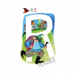 Die Aquarellillustration aus dem ABC-Kartenspiel Lernspiel des Waldow Verlags zeigt einen Mann mit grünem Hut Sack und Keule der vor einem großen weißen Buchstaben R läuft mit Häusern Mondsichel und "Räuber" am unteren Rand.