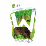Ein großer weißer Buchstabe W steht in einem grünen Wald davor ein Wildschwein. Darunter steht "Wildschwein". Links oben stehen Bäume Gras Wolken "BF" und ein kleiner grüner Vogel. Aus dem ABC-Kartenspiel Lernspiel des Waldow Verlags.