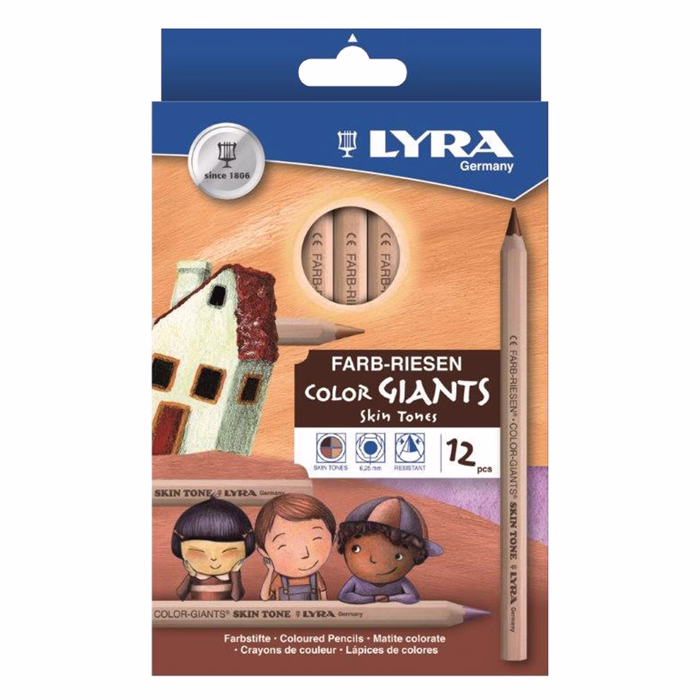Lyra Lyra Farbriesen Skin-Tones Hautfarben_671 Eine Schachtel Lyra Farbriesen Skin-Tones Hautfarben Buntstifte von Lyra 12 Stück. Die Verpackung zeigt ein Haus drei Kinder mit verschiedenen Hauttönen und Bleistiftillustrationen.