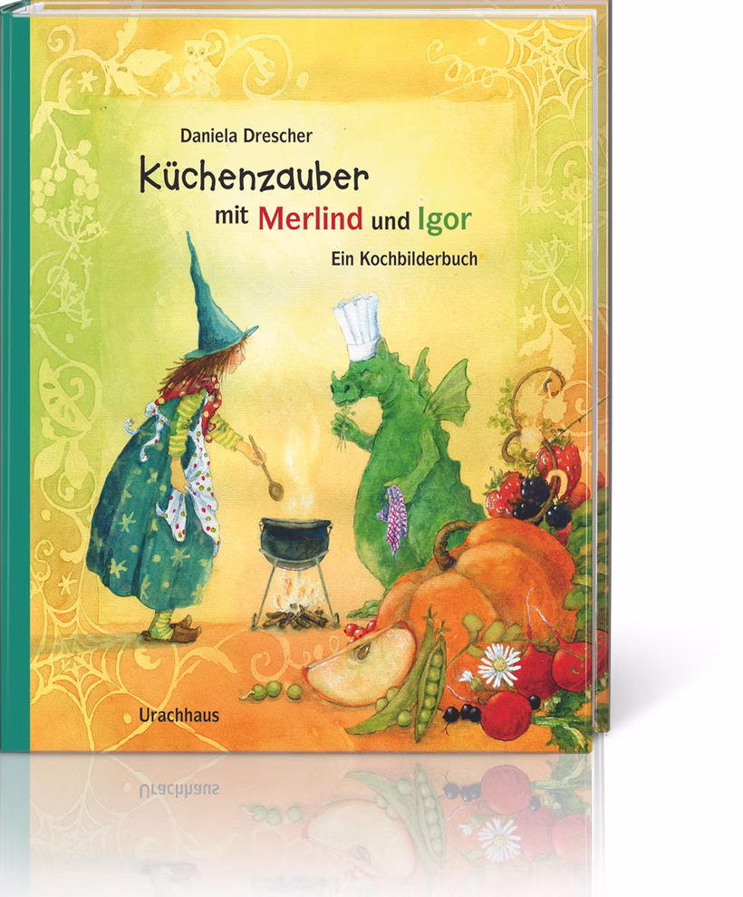 Urachhaus Küchenzauber mit Merlind und Igor Daniela Drescher_750 Das Cover von "Küchenzauber mit Merlind und Igor" von Daniela Drescher (Urachhaus) zeigt ein Mädchen in grünem Kleid und Zipfelmütze mit einem Drachen mit Kochmütze die gemeinsam inmitten von buntem Gemüse und Herbstlaub kochen.
