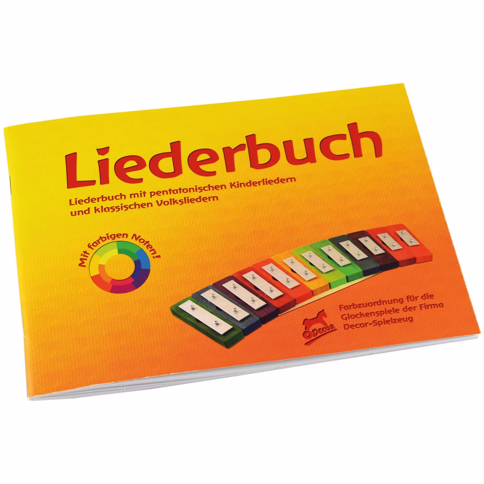 Decor Liederbuch Spielen nach Farben_1041 Das Decor Liederbuch Spielen nach Farben ist ein farbenfrohes deutsches Heft mit einem gelb-orangenen Einband auf dem ein Regenbogen-Xylophon abgebildet ist.