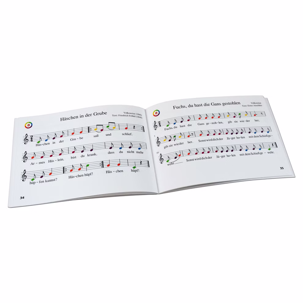 Decor Liederbuch Spielen nach Farben_1042 Das Liederbuch Spielen nach Farben von Decor zeigt zwei aufgeschlagene Seiten mit deutschen Kinderliedern bunten Notensymbolen auf Notenlinien Liedtiteln Liedtexten in deutscher Sprache und Notenbezeichnungen.