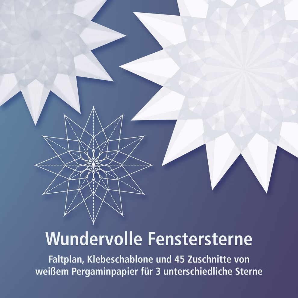 Fensterstern Spötzl Wundervolle Fenstersterne in weißen Farben Bastelset_1189 Zwei durchscheinende weiße Papiersterne und ein weißes Sternschema sind auf einem blauen Hintergrund mit Farbverlauf abgebildet. Darunter beschreibt ein deutscher Text "Wundervolle Fenstersterne in weißen Farben Bastelset" von Fensterstern Spötzl mit Schab